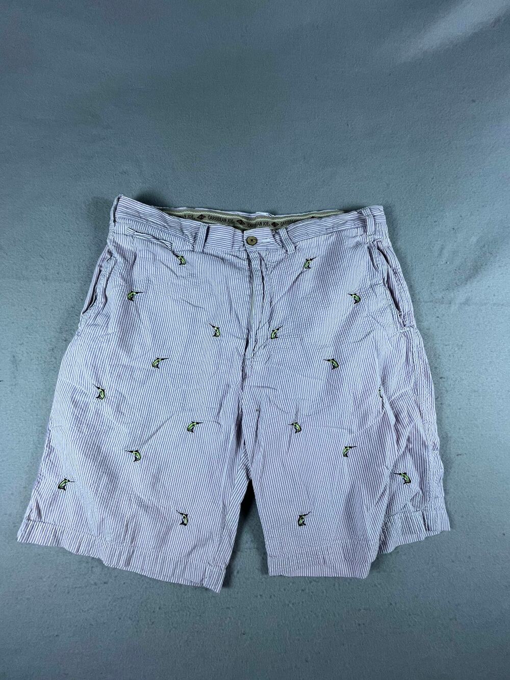 Caribbean Joe Shorts Mens 36 Purple White Seersucker Pinstripe Fish Embroidered